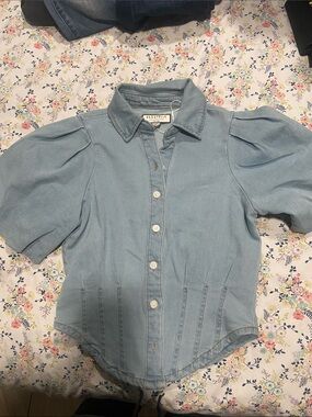bagatelle Light Blue Puff-Sleeve Denim Button-Front Shirt